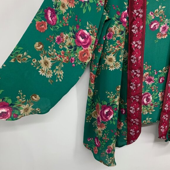 Pioneer Kimono Green Floral Print Embroidered Open Front - Picture 5 of 10